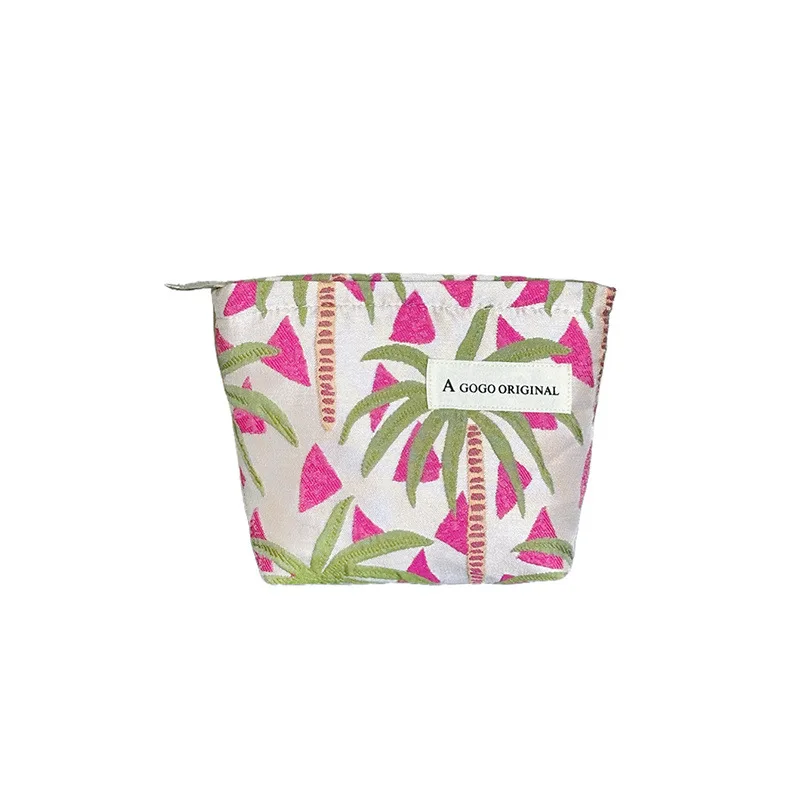 5pcs Makeup Bags Polyester Coconut Tree Printing Multifunctional Short Travel Storage Bag With Plush Ball For Women