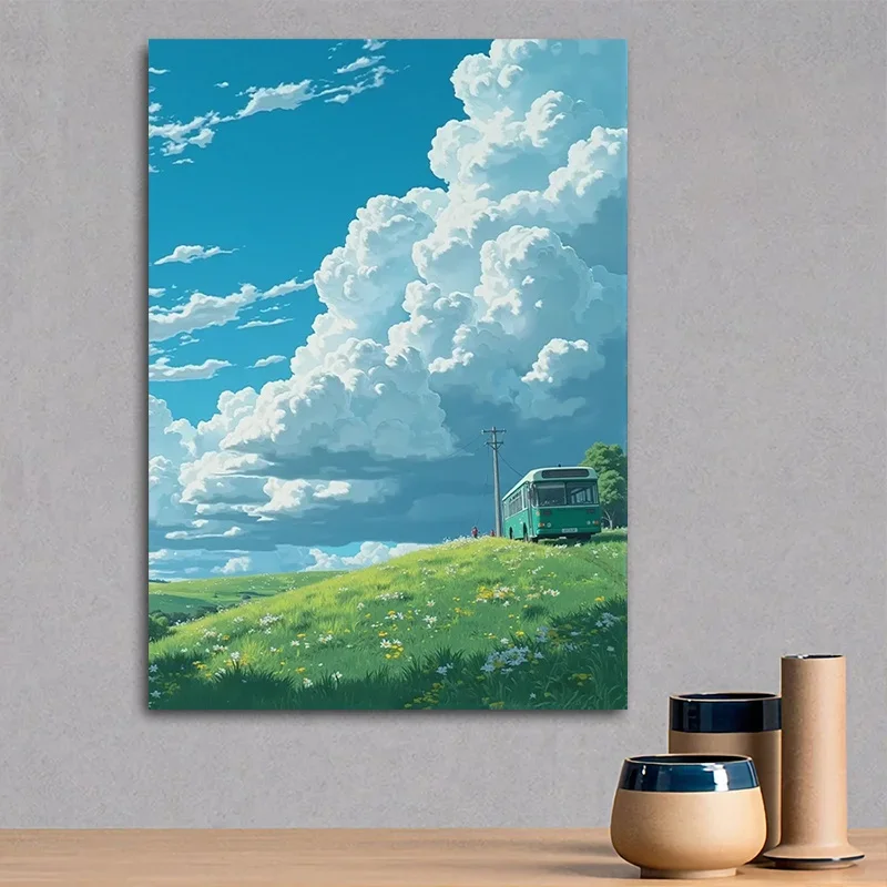 1 tableau sur toile sans cadre de grande taille, [2D plat] – Peinture murale sur toile représentant un paysage animé de style manga – Paysage paisible avec B