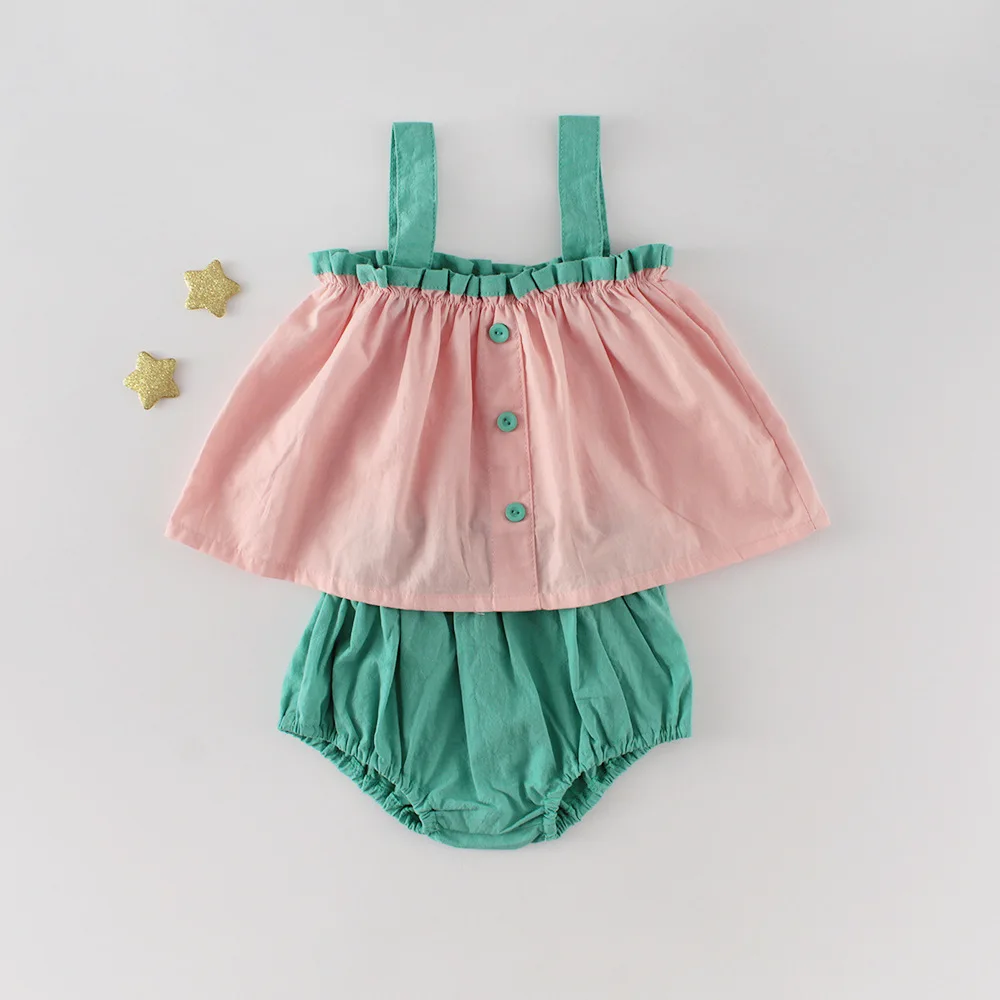 Summer suit for baby girl baby sleeveless Sling Top + solid color bread pants baby girl 2-piece suit