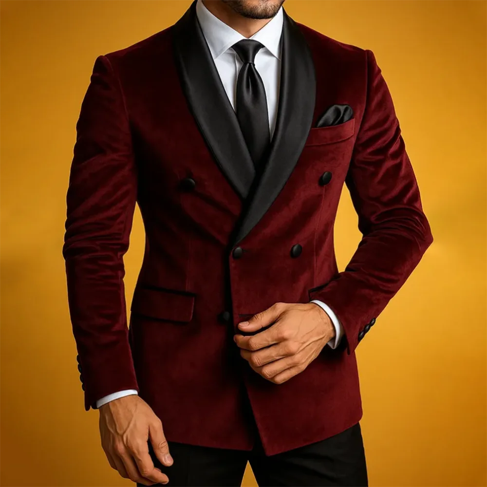 

Мужской костюм, комплект из двух предметов, бордовый бархатный двубортный пиджак с черными брюками, модный смокинг с шалью и лацканами для официальной свадебной вечеринки