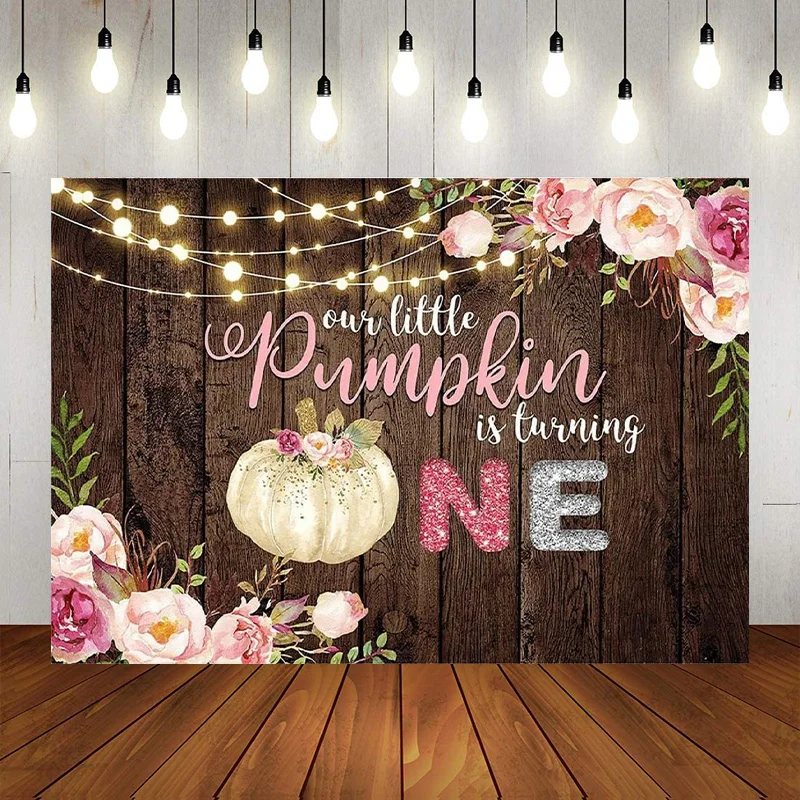 Fall Pumpkin 1st Birthday Backdrop Girls Pink Flowers Pumpkin Party Decorations Flower Rustic Wood Banner Supplies Props