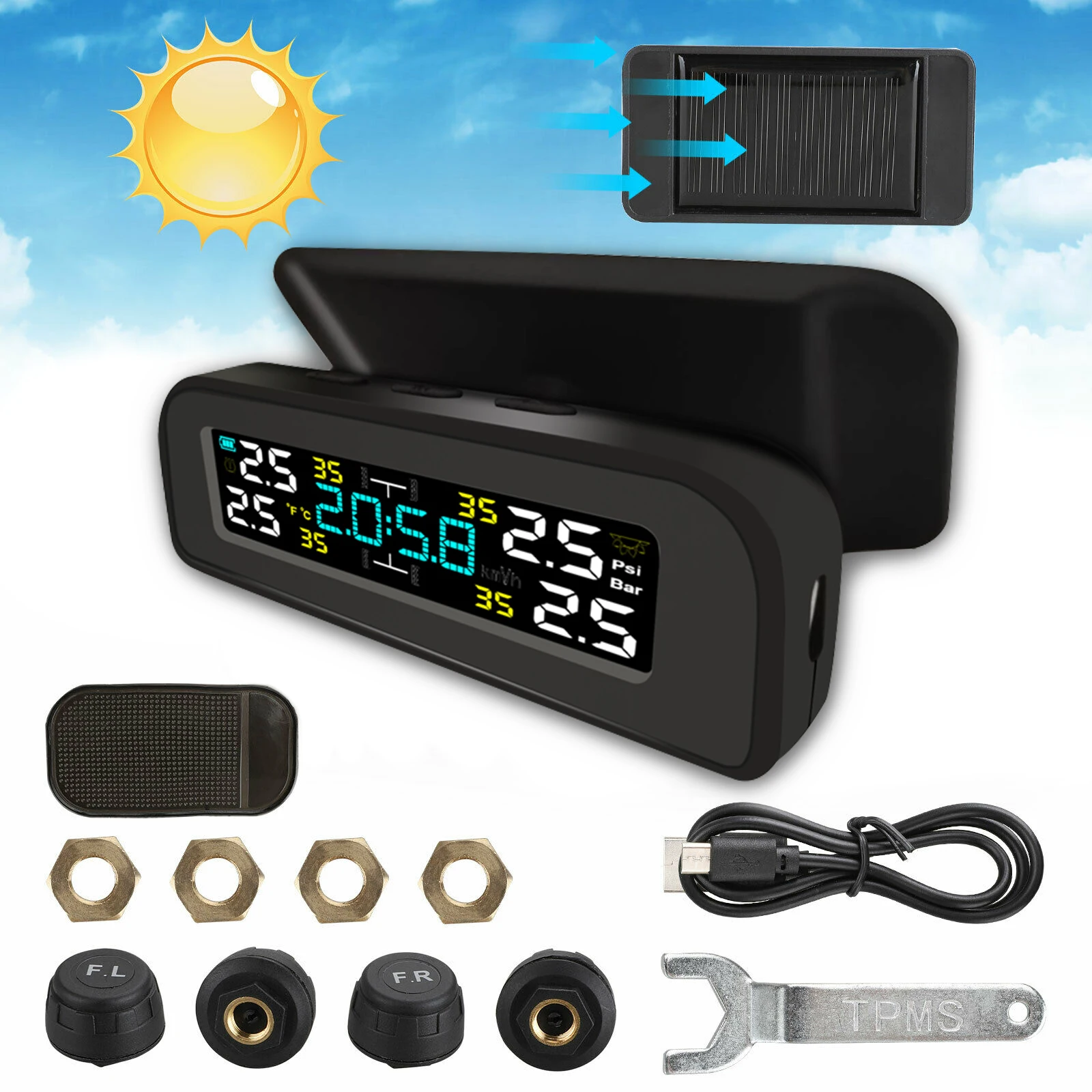 

Wireless Solar TPMS Car Windshield Tire Pressure Monitor Alarm System LCD Color Screen with 4 External