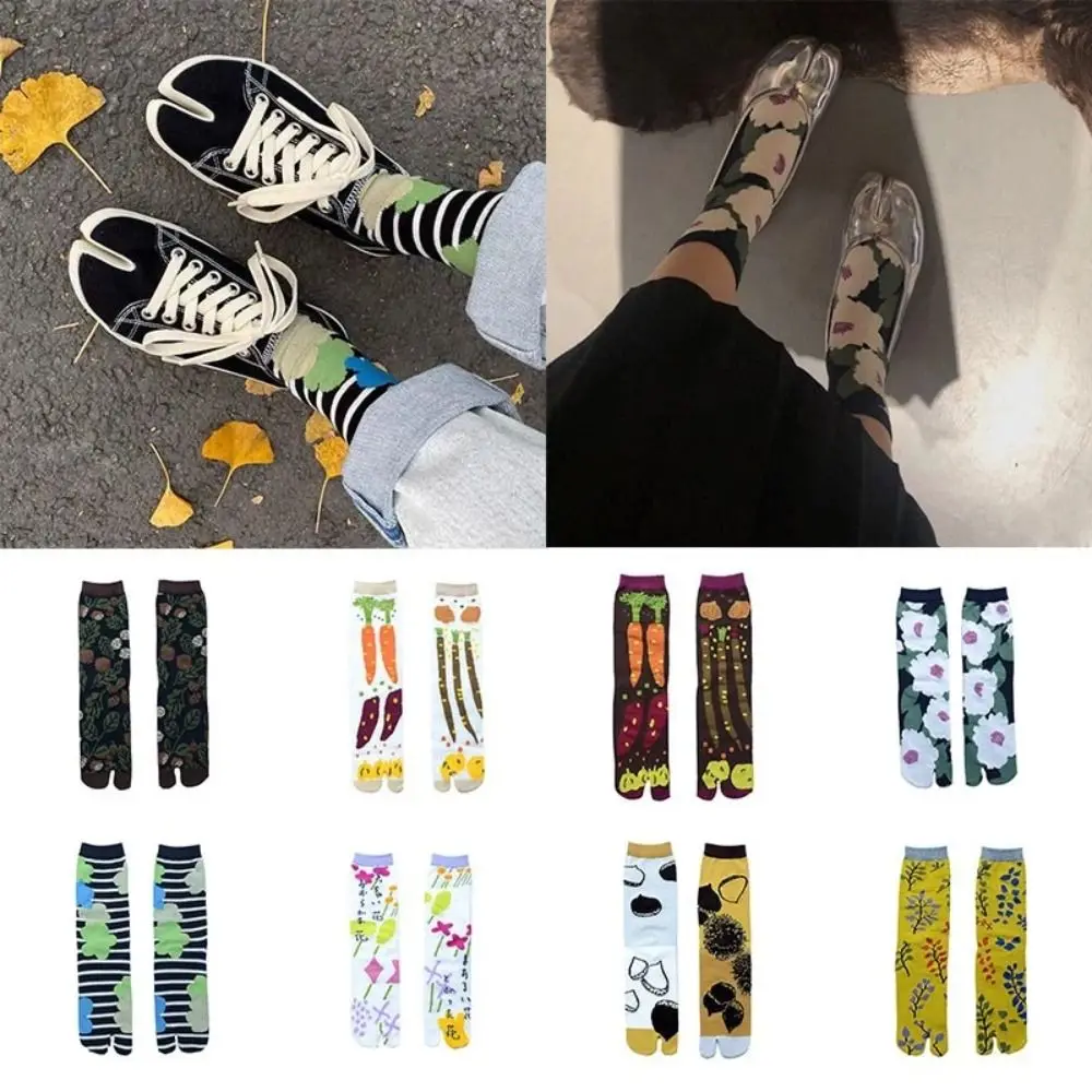 Harajuku Style Jacquard Tabi Socks Breathable Cotton Artistic Patterns Split Toe Socks Middle Tube Multi-Color Two-Toe Socks