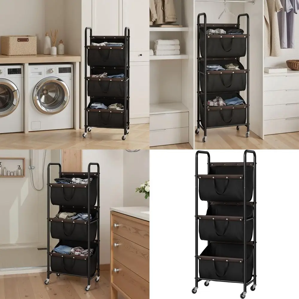 

Трехуровневая корзина для белья на колесиках - органайзер для хранения вещей для общежития, ванной комнаты и спальни, черная