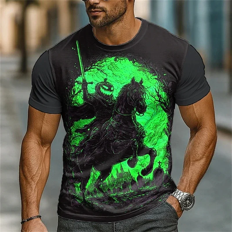 Adult Men's T-shirt - Pumpkin Headless Knight 3D Pattern - Loose and Quick-Drying Streetwear Top with Round Neck For Summer