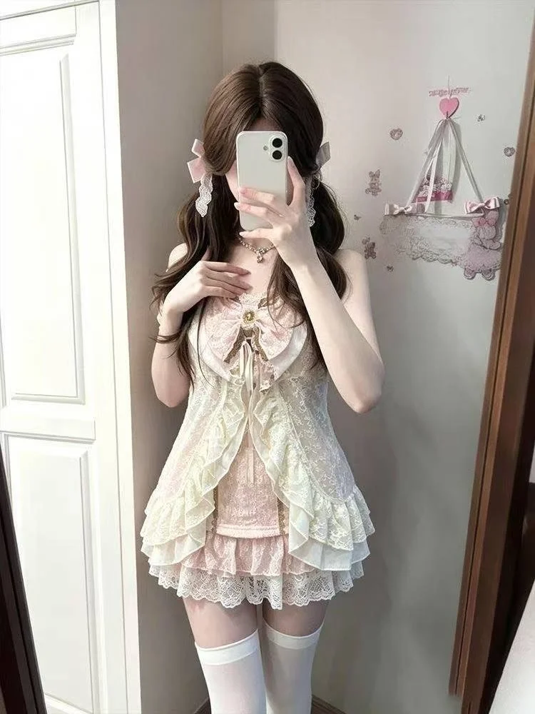 Cute Y2K Lolita 3 Piece Set Women Japanese Lace Cardigan Casual Vest High Waist Y2k Mini Skirt Lolita Fashion Suit