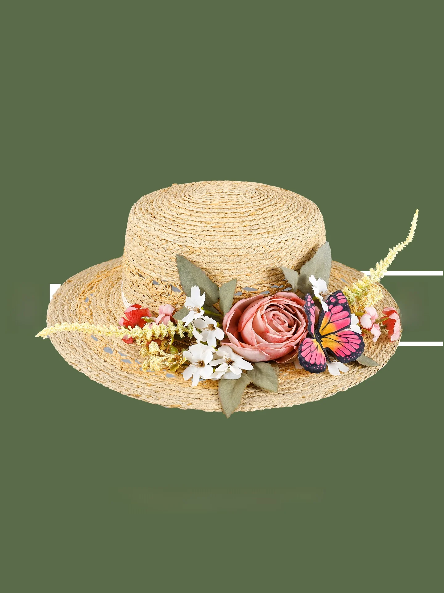 夏のビーチバタフライフラワークラウンフラットトップラフィアストローハット女性用日よけ帽子ホリデーフォトグラフィーハット