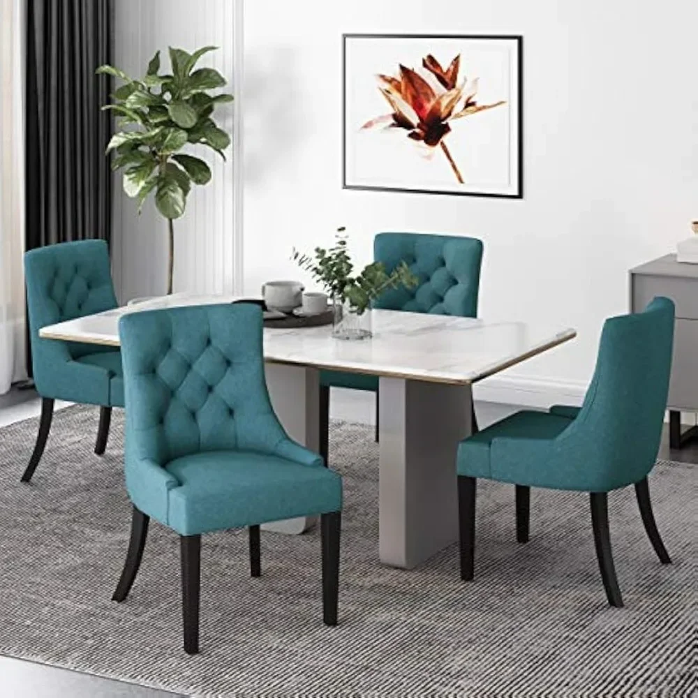 Edwina Contemporary Tufted Fabric Dining Chairs (Set of 4), Dark Teal and Espresso