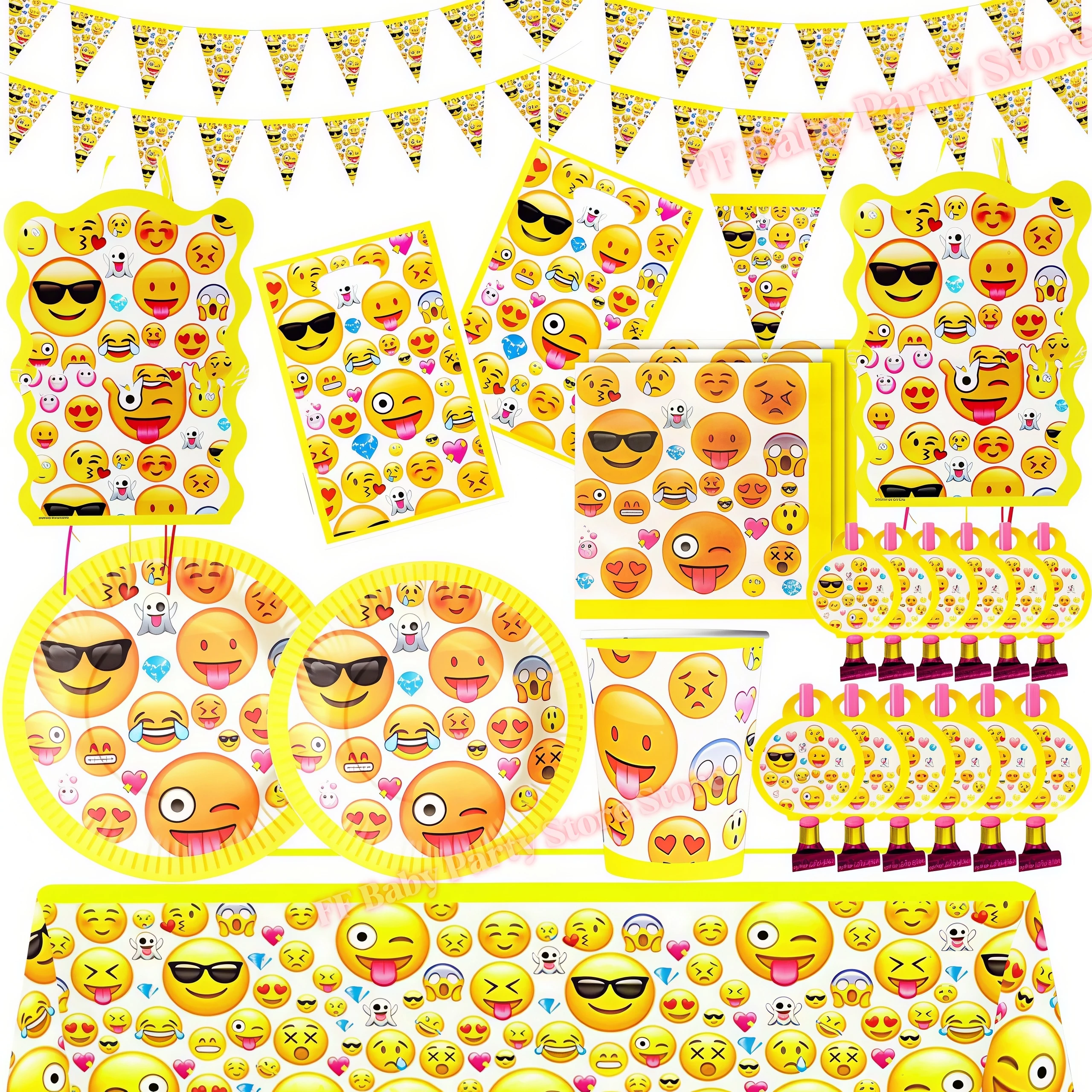 Emoji Smile Partyzubehör Einweggeschirr-Set Teller Becher Servietten Piñata Kindergeburtstag Feier Babyparty Dekoration