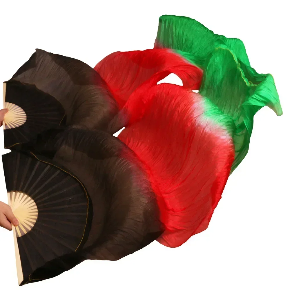 High Selling 100% Real Silk Veils Dancing Fans 1 Pair Handmade High Quality Silk Belly Dance Fans Black+Red+Green Colors