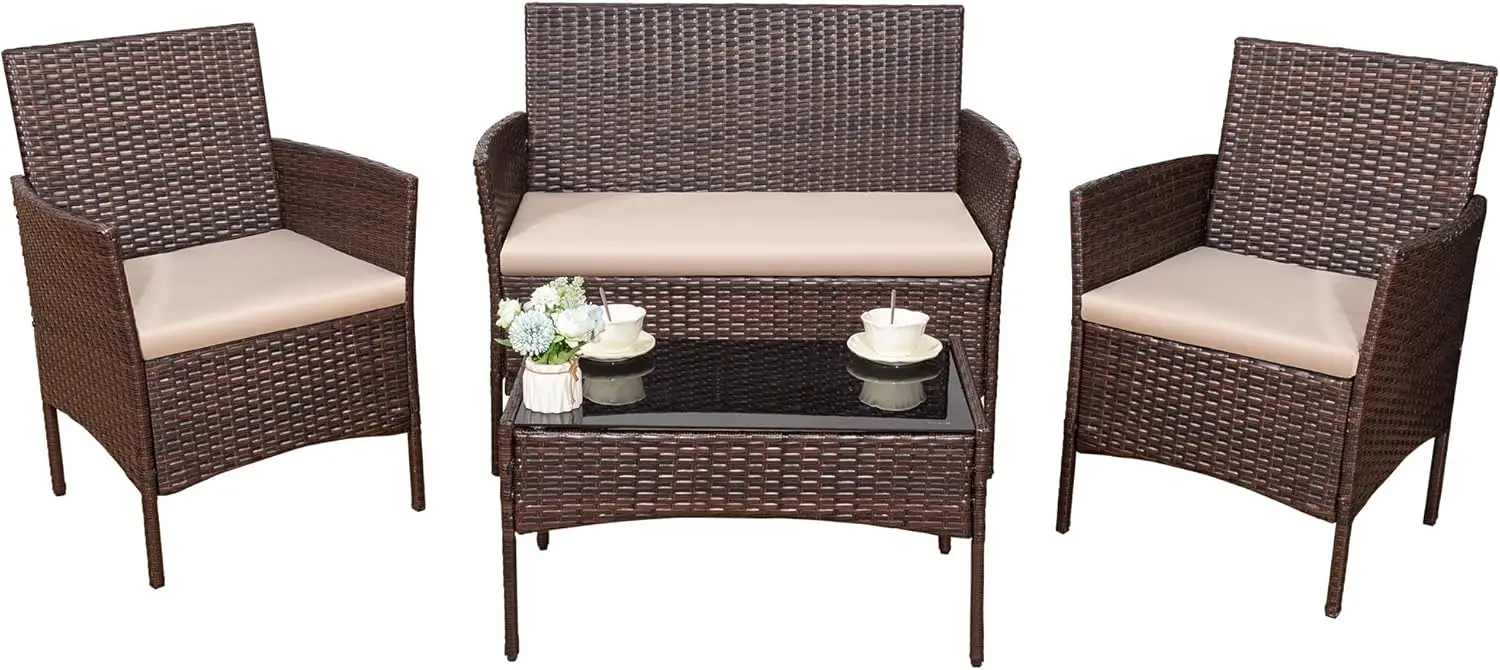 4 Pieces Outdoor Patio Furniture Set, PE Rattan Wicker Chairs Balcony Lawn Porch Patio Furniture Sets with Beige Cushion and Tab