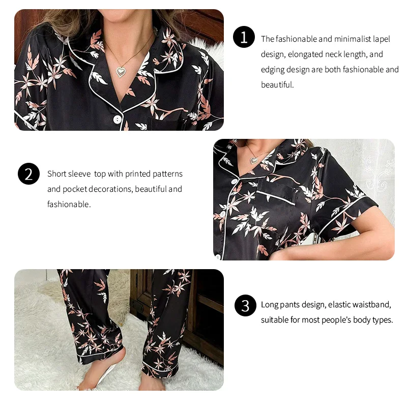 Satin Pajamas for Women Flower Print Sleepwear Autumn Home Clothes Soft Comfort Short Sleeve Tops & Pants Pyjama Pijama Femme