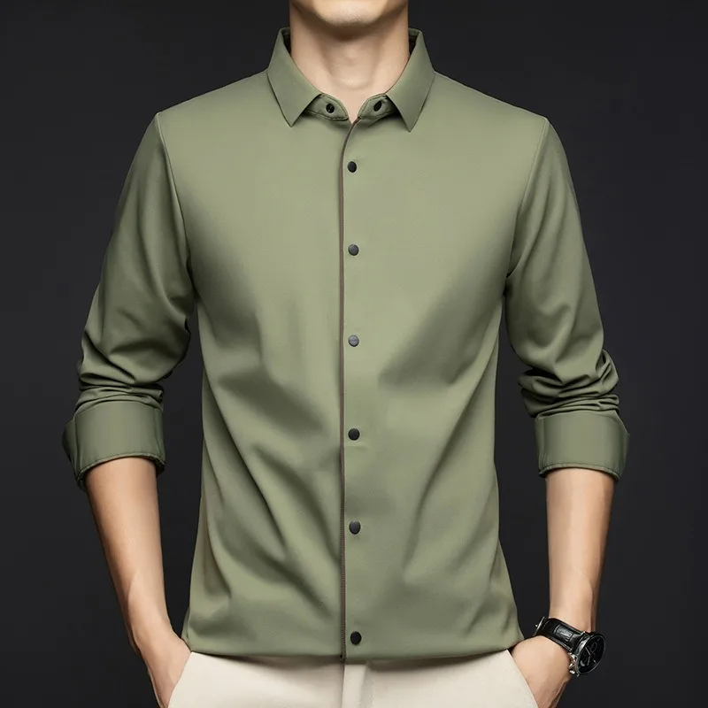 Men Mercerized Cotton Shirts Long Sleeve Non-iron High End Quality Skinnly Shirt Snap Button Youth 4 Season Versatile Jacket Top