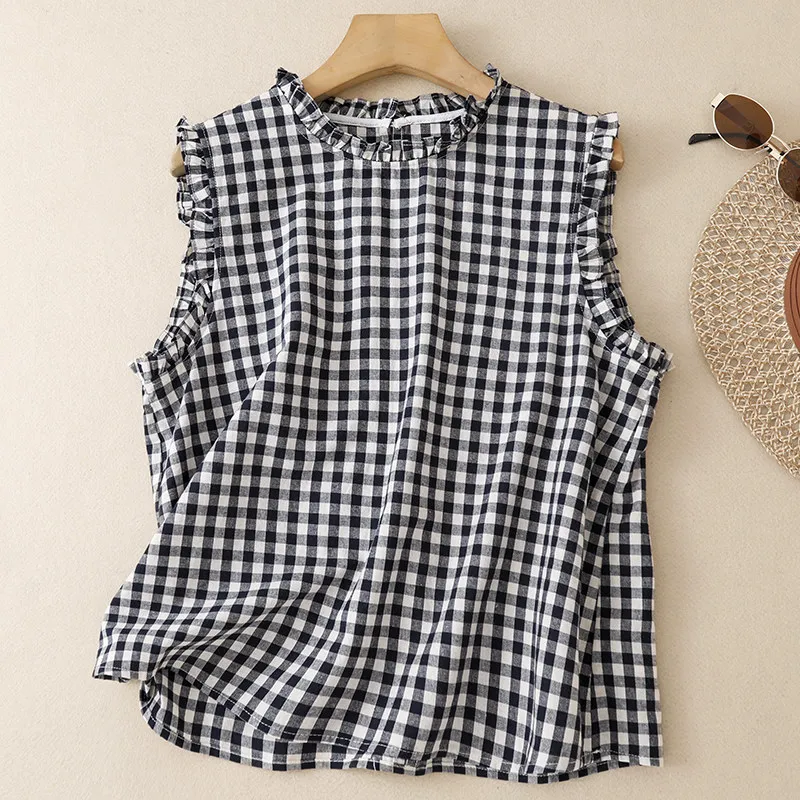 Retro Plaid Linen Cotton Lace Trim round Neck Sleeveless Shirt Women's New Style T-shirt Loose Fit Breathable Summer Shirt