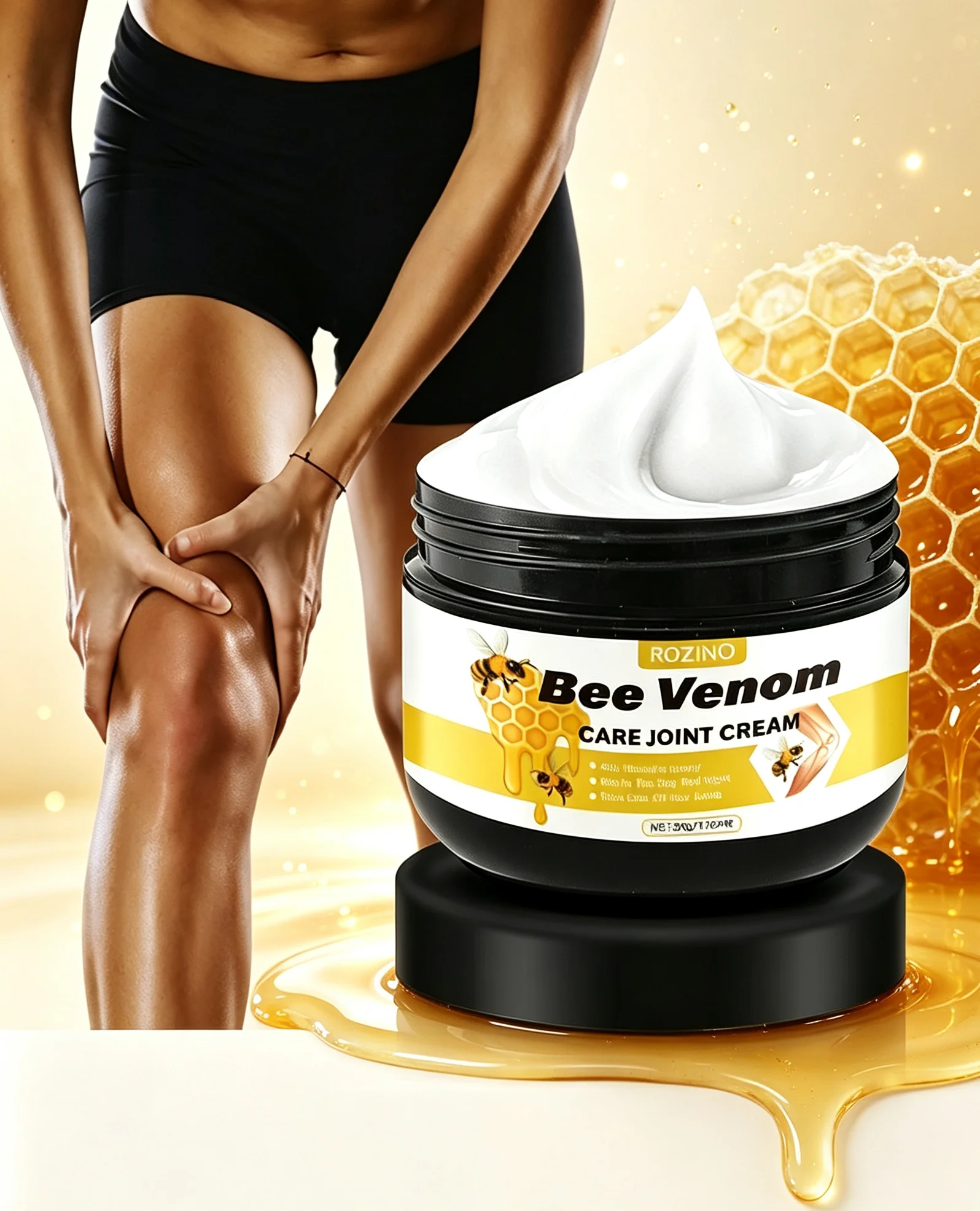 Rozino Bee Venom Joint and Body Skin Care Cream, the Texture Is Delicate and Soft, Applies Smoothly, and the Skin Feels Warm and Moisturized Without Being Heavy or Sticky. Nourishes the Skin Around the Joints, Soothes Skin Tightness, Apply a Small Amount Locally and Massage to Help the Skin Absorb, Used for Daily Skin Care of the Joint Areas.