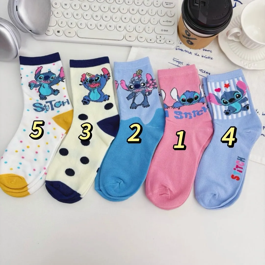 5 أزواج Kawaii ليلو وستيتش أنيمي منتصف العجل الجوارب لطيف الكرتون بتمشيط جوارب قطنية ربيع الخريف الأطفال الجوارب هدايا عيد