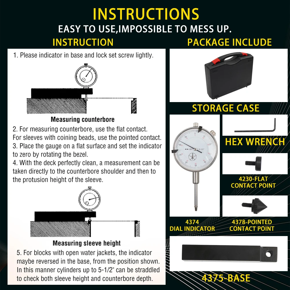 スリーブ高さ＆カウンターボアゲージ 全ディーゼルエンジン用 ボアゲージ範囲 0-1.00インチ 目盛り 0.001インチ 読み取り 0-100 6434