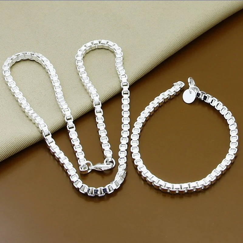 

925 Sterling Silver 4mm Round Box Chain Bracelet Necklace Sets For Women Wedding Engagement Party Jewelry