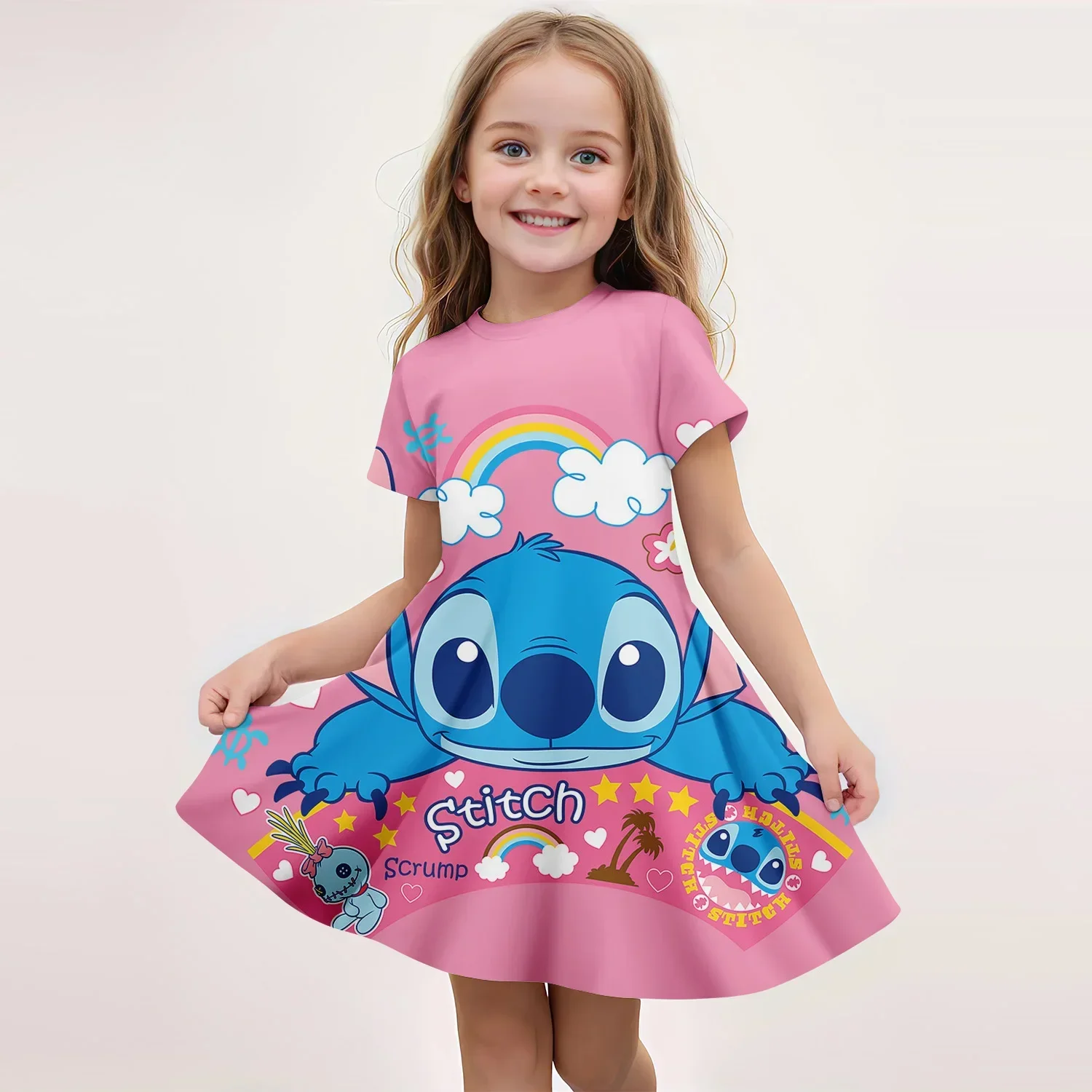 

2025 Summer Girls Short Sleeve Dress Cute Stitch 3d Printed Kids Skirt Fashion Trend Performance Clothing Breathable Casual Wear