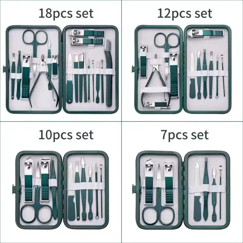 4-18Pcs Manicure Set Stainless Steel Nail Cutter Fingernail Clippers Trimmer Eyebrow Scissor Tweezers Ear Spoon Facial Car