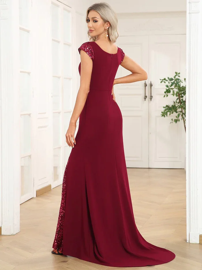 Ever Pretty 2024 Burgundy sleeveless Deep V Trail Sequin Fashion Fishtail Floor Length Evening Dress