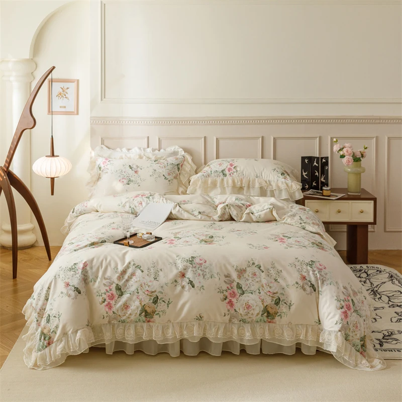 100% Cotton Vintage French Pastoral Country Flowers Print Double layer Lace Ruffles Bedding Set Duvet Cover Bed Skirt Pillowcase