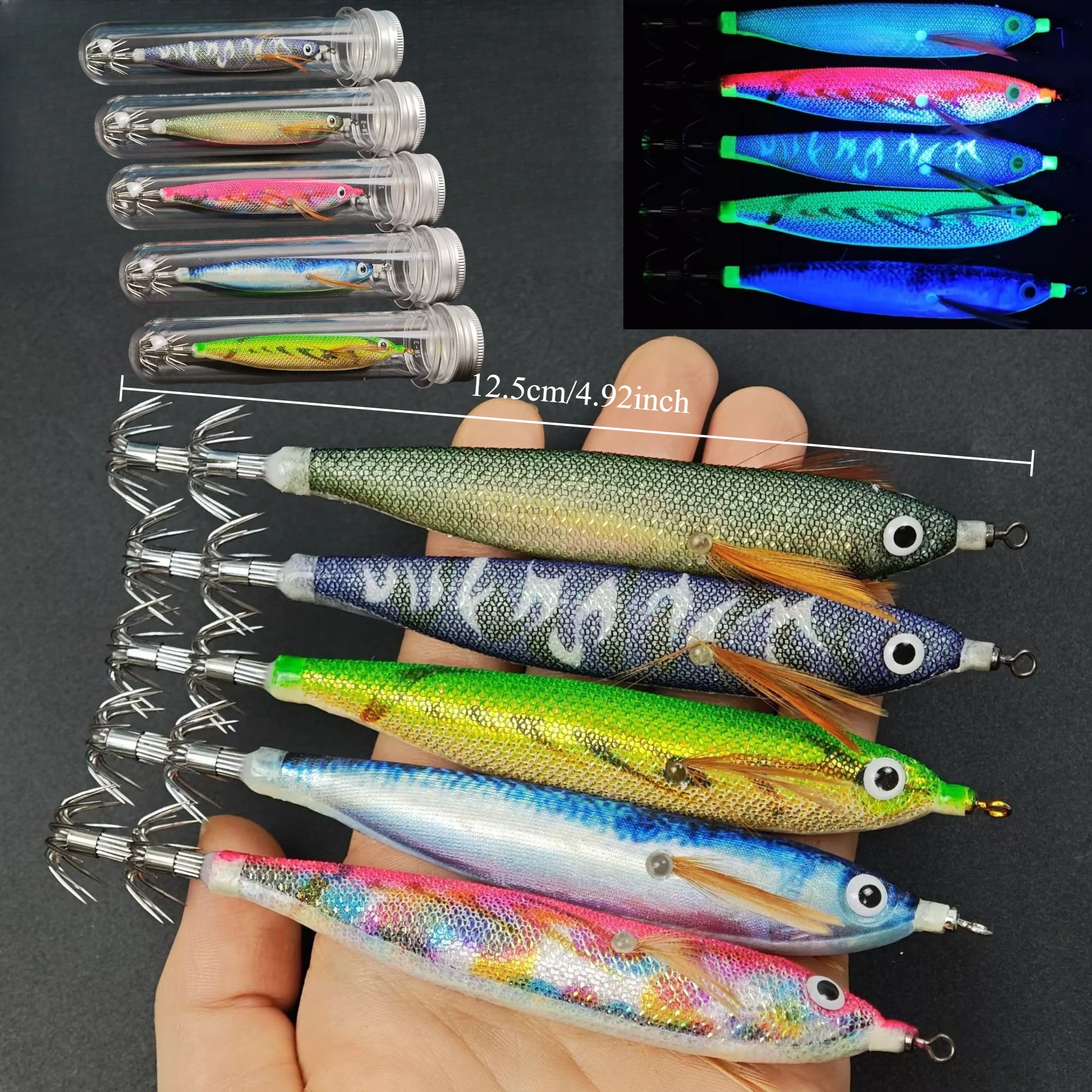 1 Stück 12,5 cm Leuchtender Holz-Garnelenköder Horizontal Squid Jig Egi Set UV Tintenfischköder Meeressepia Oktopus Salzwasser-Angelausrüstung – Detail 4