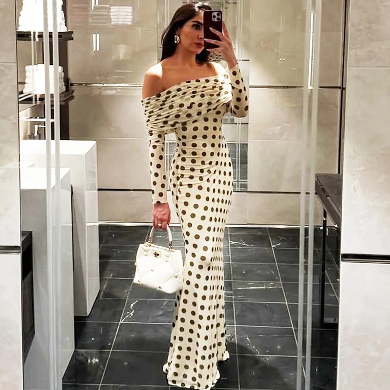 

Ticketsx Elegant Slash Neck Long Sleeve Slim Long Dress Polka Dot Print Patchwork Ruched Dress Summer Fashion Beach Lady Dress