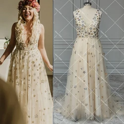 Celestial Golden Stars V Neck Simple Wedding Dress Customized Backless Sleeveless Starry Low Cut Real Photos Sash Bridal Gowns