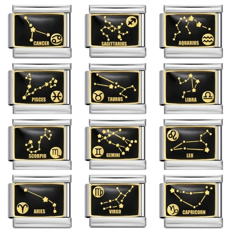 

2025 Women’s Fashion Zodiac Italian Charms Links Fit 9mm Modular Constellation Bracelet Stainless Steel DIY Jewelry Bulk