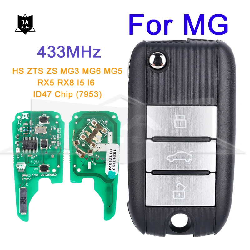 

Remote Auto Key for MG HS ZTS ZS MG3 MG6 MG5 RX5 RX8 I5 I6 Flip Folding Key Smart Car Key with ID47 Chip (7953) 3 Buttons 433Mhz