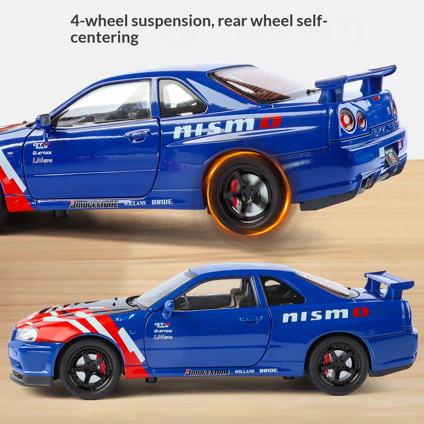 โมเดลรถนิสสัน จีทีอาร์ รุ่น 1:24  แบบดัดแปลง  ตัวถังโลหะผสม  แบบดึงหลัง  ล้อหน้าหมุนได้  พร้อมเสียงจำลอง  ของขวัญวันหยุด