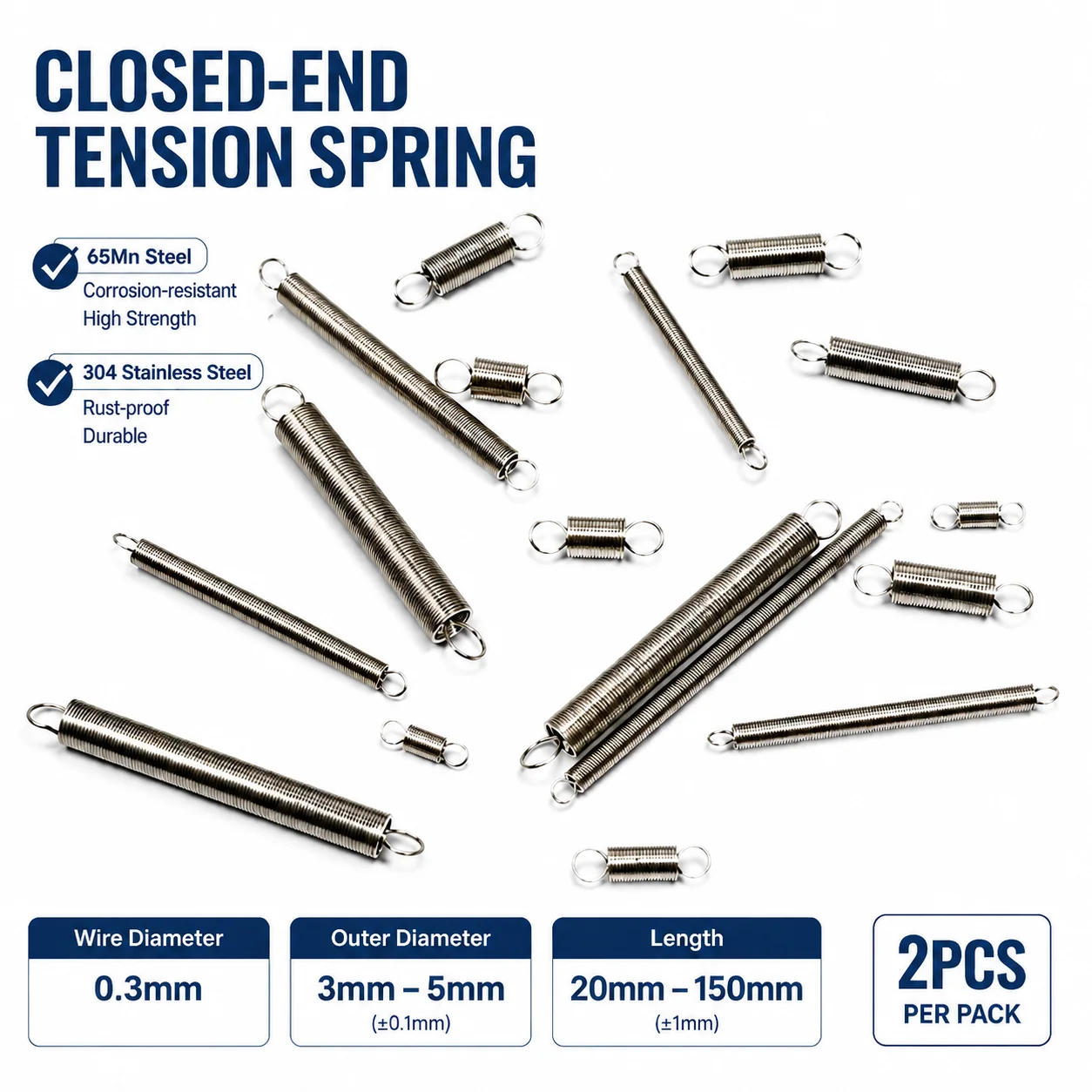 

2pcs 304SUS/65MN closed tension spring WD0.3mm,OD3-5mm,Length20-150mm mechanical equipment hardware accessories tension spring