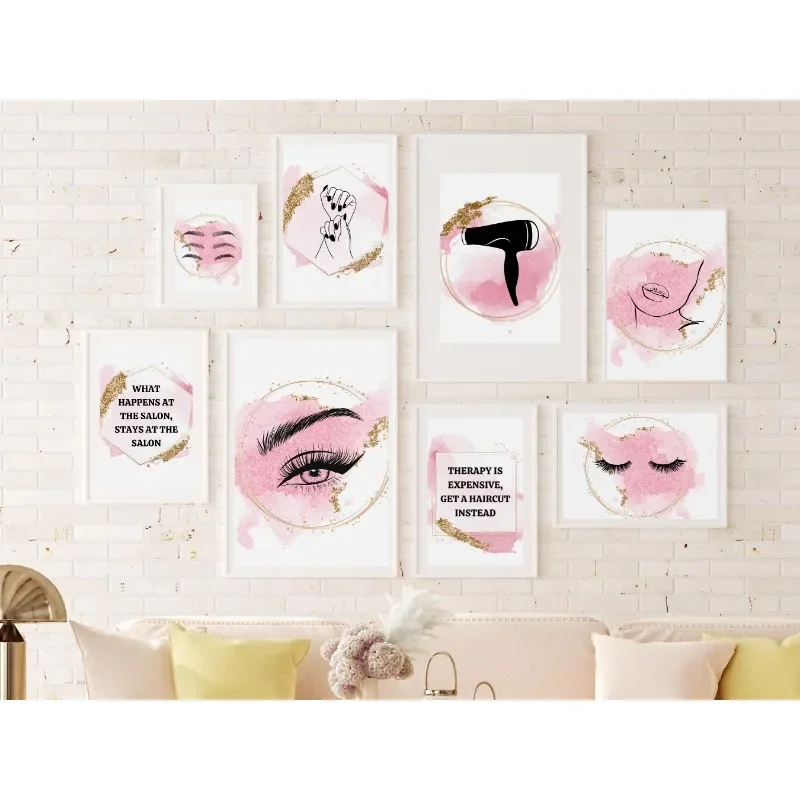 1pc frameless Canvas Painting Pink Beauty Salon Tools Hair Stylist Nail Minimalist Poster Cosmetology Canvas Paintings Wall Art