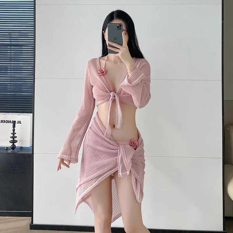 New Pink Split Swimsuit, Conservative Long Sleeved Sunscreen Cover, High-end Gathering Swimsuit, Water Color, Sexy and Slimming
