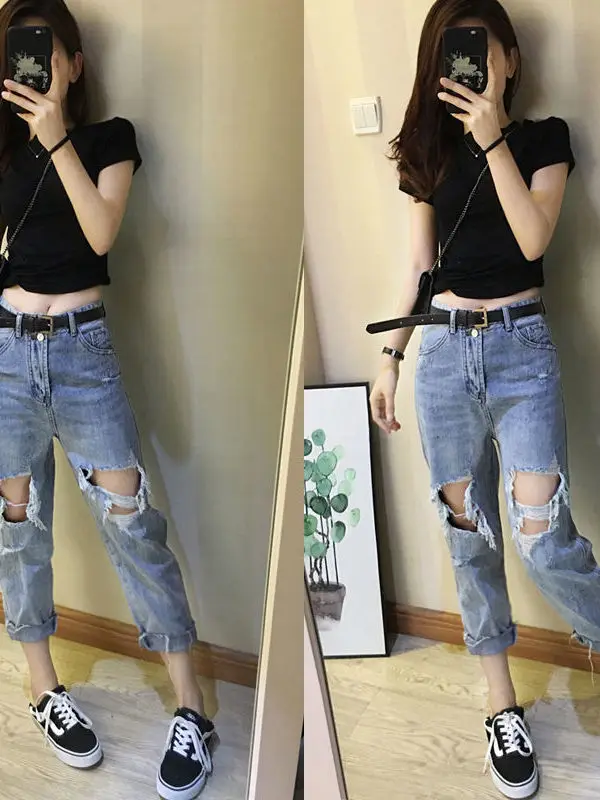 

Женские джинсы с высокой талией, зауженные, осенние, тонкие, в стиле «дад-джинс», свободного кроя, с дизайном «дырки», джинсы-шаровары длиной до щиколотки, повседневные, из хлопкового стрейч-денима