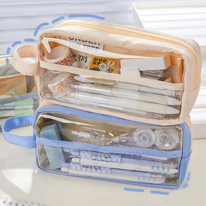 Large Capacity clear Pencil Bag，Visible Zipper Pen Case，Multifunctional Makeup Bag for student School Daily Use
