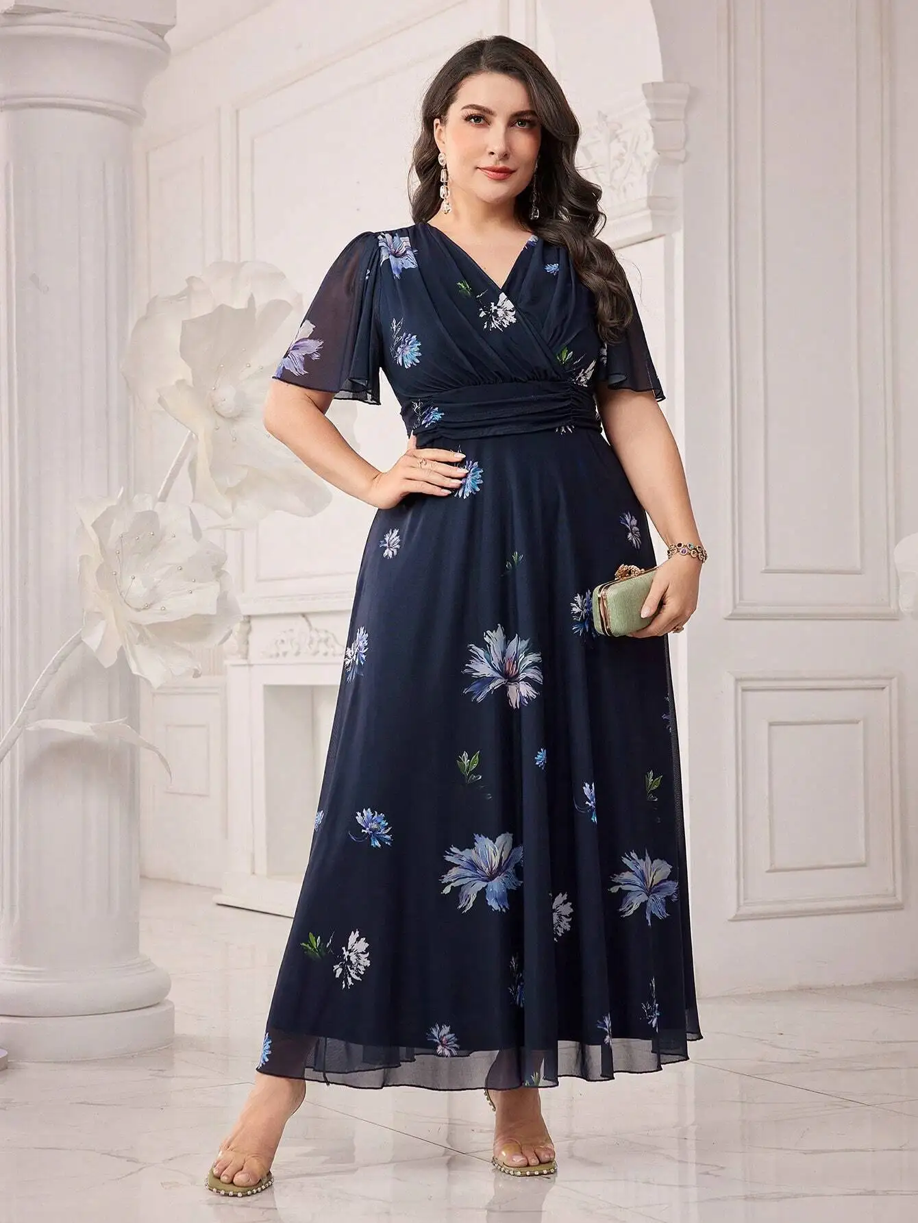 

Plus Size Floral Print Belted Wrap Midi Dress Elegant Evening Party Dress