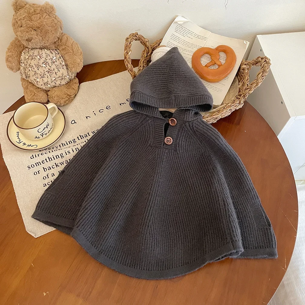 2024 Children\'s Hooded Cape Kids Outdoor Windproof Cardigan Stylish Knitted Sweater Fashion Baby Girls Woolen Coat Jacket