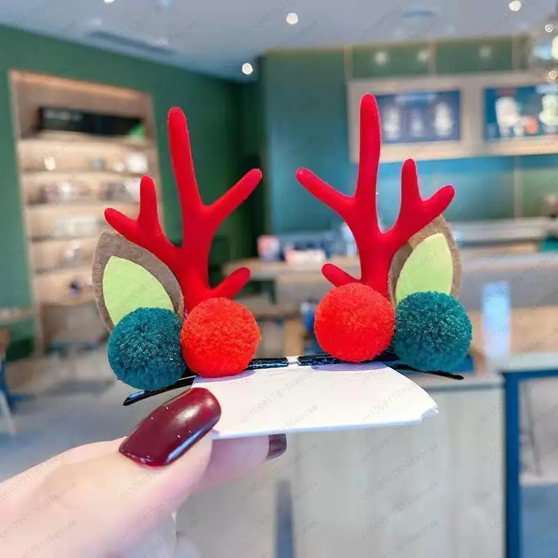 

2 Christmas hairpins: red green ball red antlers Christmas hairpin Korean children hairpin girl baby holiday deer clip