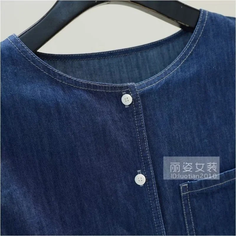 Nuova camicia estiva a maniche corte in denim da donna colletto rovesciato patchwork in pizzo camicetta casual retrò da donna