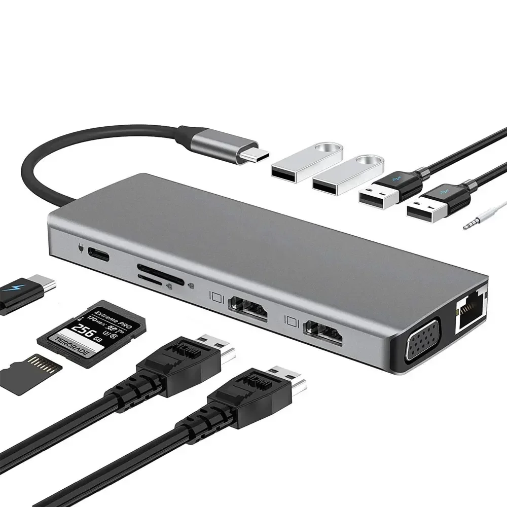 

12 IN 1 Type-c HUB USB-C To Dual 4K HDTV-conpatible USB3.0/2.0 Dock Splitter PD Fast charge SD/TF Card Reader