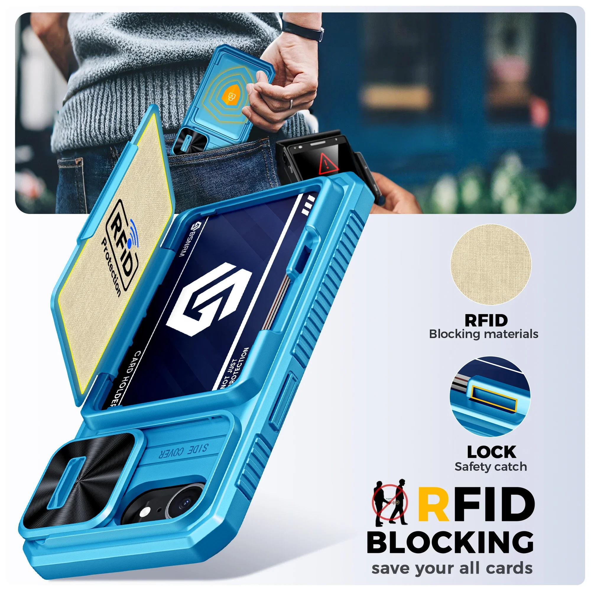 هدايا الهالوين، حامل بطاقات محفظة RFID، غطاء كاميرا، جراب هاتف واقٍ متين مقاوم للصدمات لهاتف iPhone 16 E-Light Blue