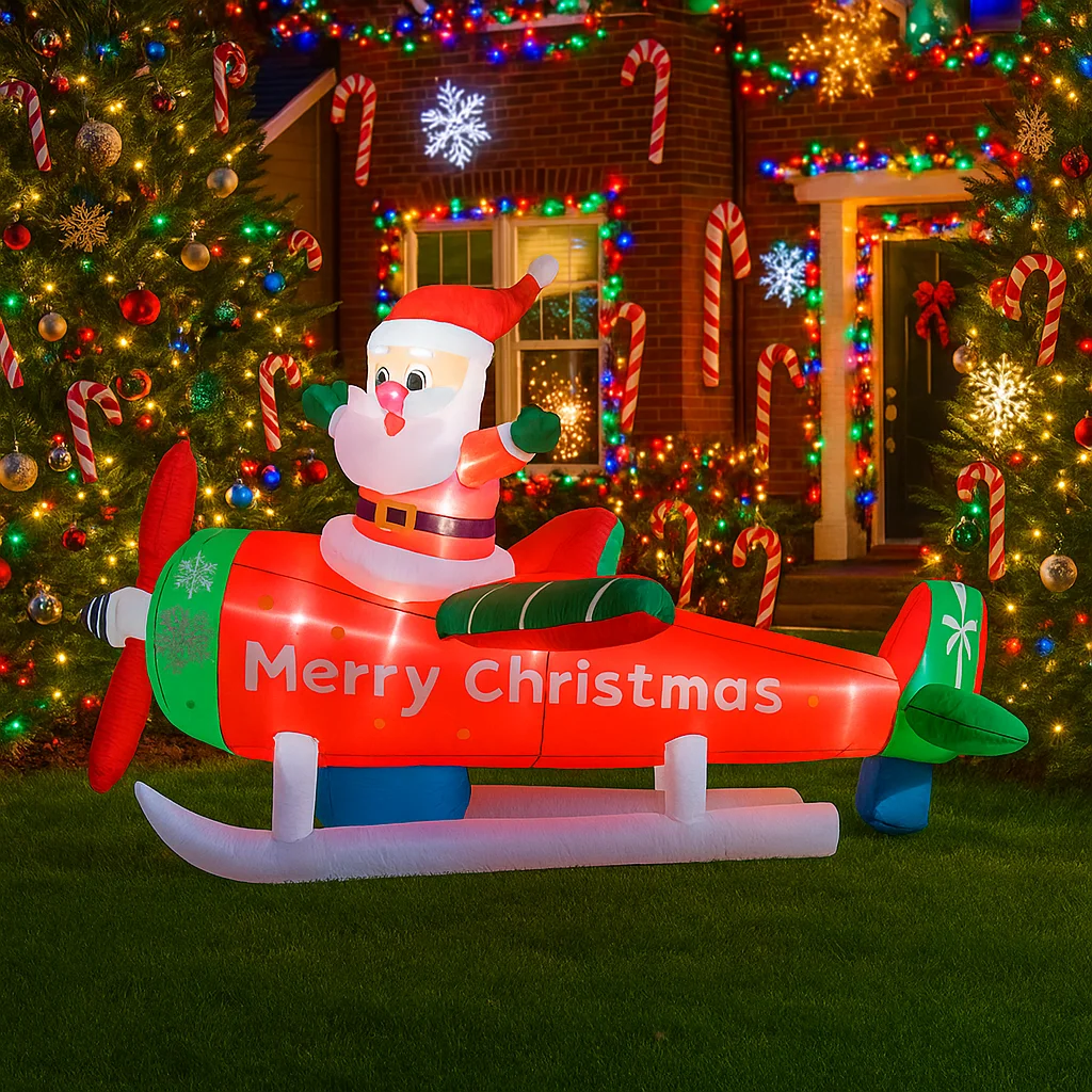 8.9FT Christmas Outdoor Party Toy Christmas Decorations Inflatable Santa Claus Airplane Toys Home Yard Ornaments with LED Decor