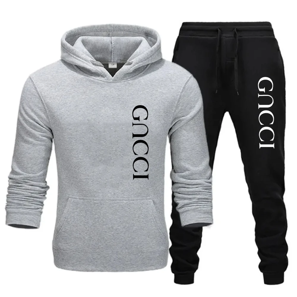 2024 Men\'s Casual Jogging Sportswear Set Hoodie and Black Sweatpants Rubberized Jacket Fashion Sports Winter Warm 2 Piece Set