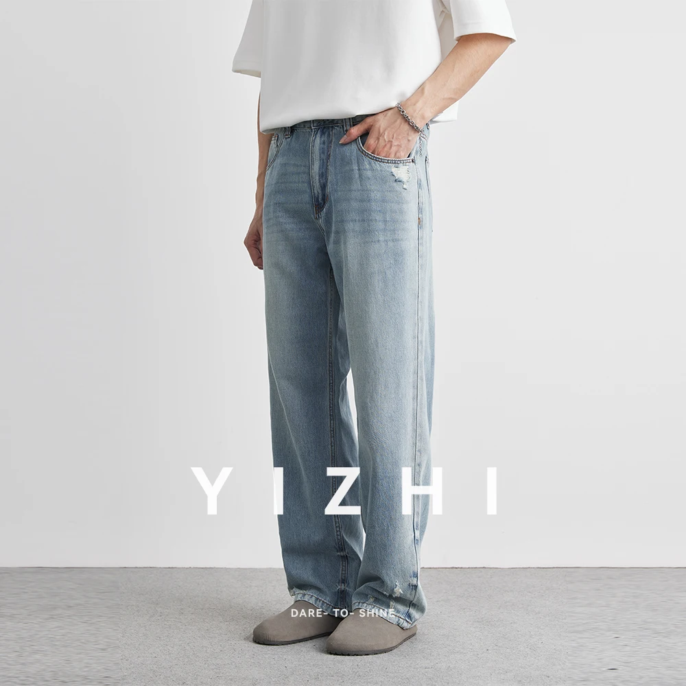 Men's Washed Light Jeans 2025 Summer New Style Ripped Loose Straight Trousers Thin Fashion Casual Jeans Trousers 28-36