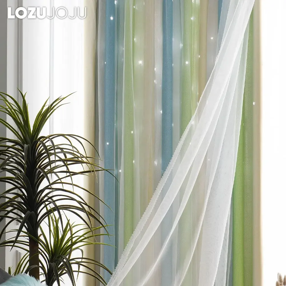 LOZUJOJU Blackout Curtain Gradient Color Hollow Out Star Decor Bedroom French Window Decor Home Textile 1PC