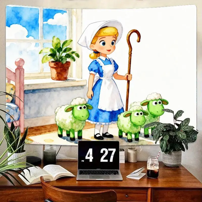 

1 шт. милый гобелен Kawaii Little Bo Peep Shepherdess с зеленой овечкой, современное настенное искусство из полиэстера для детской комнаты, гостиной, спальни, декабрь