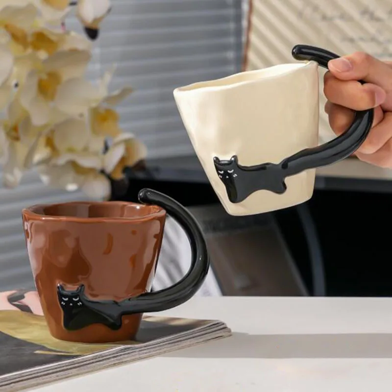 Cartoon Porcelain Black Cat Coffee Mug Milk Mug Tail Handle Water Cup Kitchen Drinkware Wedding Souvenir Gift