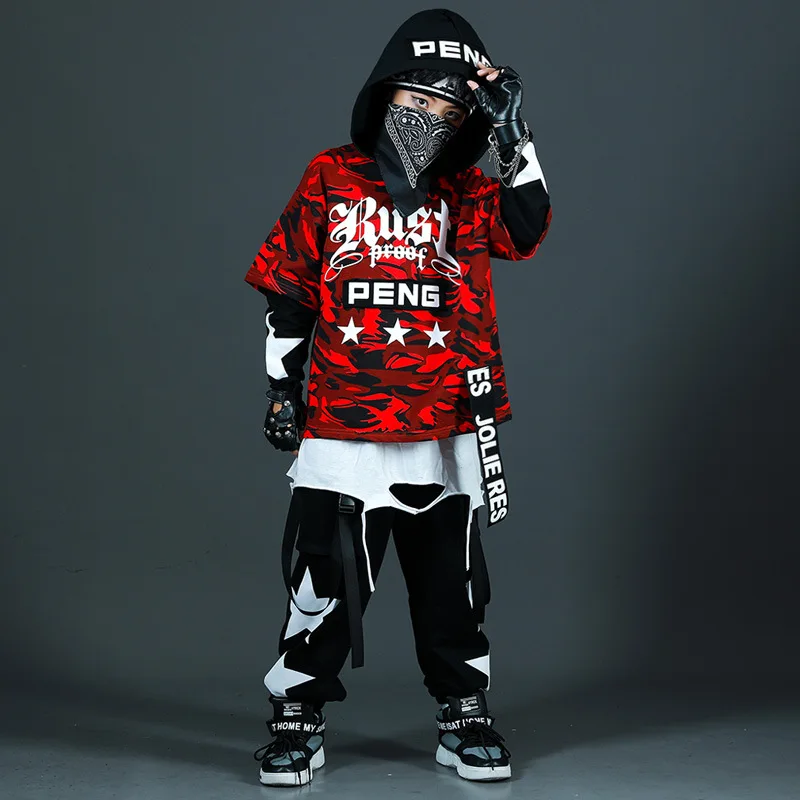 Children Camouflage Hip Hop Stage Clothes Boys Girls Sets Pullover Hoodie Cargo Pants Sweatshirts Kids Tracksuits Costumes